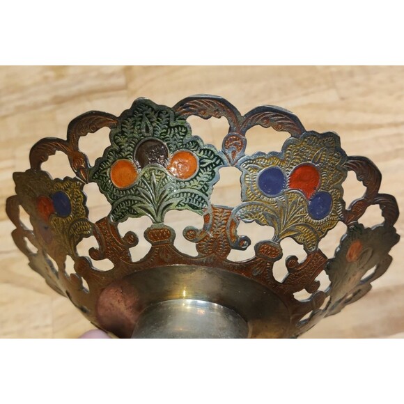 VTG India Brass Enamel Cut Out 8” Pierced Pedestal Bowl With Scalloped Edge - Picture 5 of 7